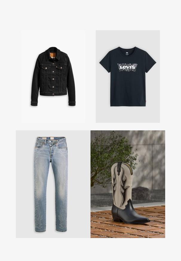 Veste en denim noir avec deux poches poitrine à l'avant, fermetures à boutons argentés et col classique. Texture lisse avec des détails de couture contrastants.; T-shirt en coton bleu marine avec un design de logo Levi's blanc et étoilé sur le devant. Manches courtes et col rond. Petite étiquette rouge sur l'ourlet.; Jean en denim bleu clair à taille haute, jambe droite et motifs décoratifs de perles le long des coutures extérieures. Design à cinq poches et boutons.; Botte de cowboy bicolore haute avec bout pointu noir et broderie complexe beige et noire en flammes, posée sur un sol en briques et gravier à l'extérieur.