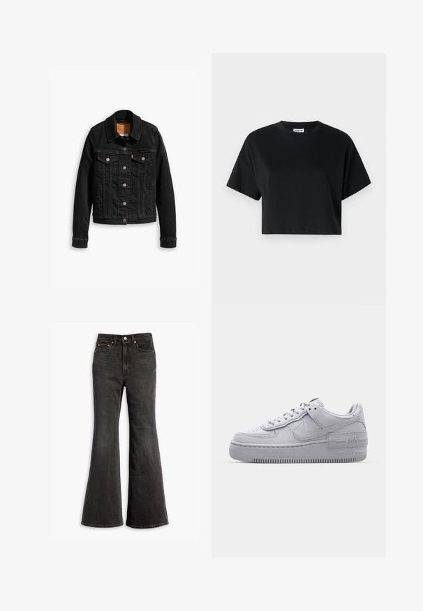 Schwarze Jeansjacke mit zwei Brusttaschen, silbernen Knopfverschlüssen und einem klassischen Kragen. Glatte Textur mit kontrastierenden Nähten.; Schwarzes cropped T-Shirt mit kurzen Ärmeln, Rundhalsausschnitt, aus glattem Baumwollstoff, mit minimalistischem Design und dezenten Steppdetails.; Schwarze High-Waist-Jeans aus Denim mit weitem Bein, Fünf-Taschen-Design und Kupfennieten.; Graue Nike Air Force 1 Sneaker mit perforierter Zehenpartie, Obermaterial aus glattem Leder, dicker Sohle und geprägtem 'AIR'-Detail an der Ferse.