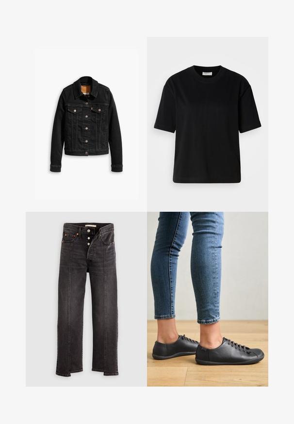 Sort denimjakke med to brystlommer, sølvknap-lukninger og klassisk krave. Glat tekstur med kontrasterende syningsdetaljer.; Sort bomulds T-shirt med korte ærmer, rund halsudskæring og en afslappet pasform. Glat tekstur og minimal design uden synlige mønstre eller accenter.; Sorte sorte bukser med højtaljede, lige ben, knaplukning, forlommer og synlige lodrette sømdetaljer ned langs hvert ben.; Sorte lædersko med rund tå, lav profil og snørebåndsdesign. Kombineret med blå, tætsiddende jeans og en baggrund af trægulv.