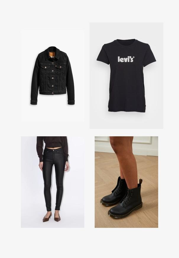 Chaqueta de denim negra con dos bolsillos en el pecho, cierres de botones plateados y un cuello clásico. Textura suave con detalles de costura en contraste.; Camiseta de algodón negra con mangas cortas, que presenta un audaz logo en blanco de "levi's®" en la parte delantera. Diseño de cuello redondo, textura suave.; Mujer que lleva pantalones pitillo negros de cintura alta, una camisa corta marrón oscuro con botones y tacones marrones de punta fina.; Botas de cuero negro hasta el tobillo con diseño de cremallera y cordones, que presentan costuras amarillas y una suela gruesa y texturizada.