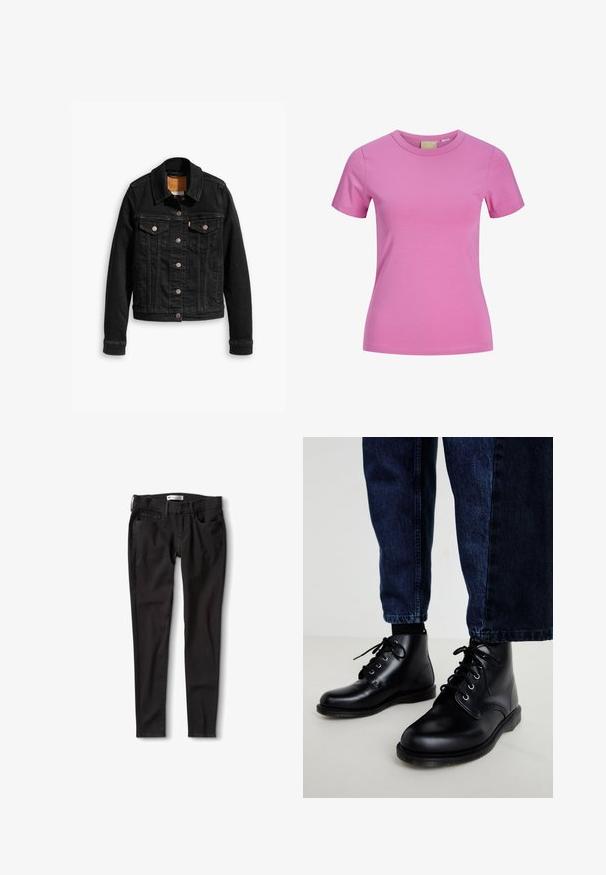 Zwarte denimjack met twee voorzakken op de borst, zilveren knoopsluitingen en een klassieke kraag. Soepele textuur met contrasterende stikdetails.; Kortärmelig roze T-shirt met ronde hals, nauwsluitend, gemaakt van gladde stof met subtiele stikdetails.; Zwarte denim jeans met een rechte pasvorm, voorzien van een standaard tailleband, riemlussen en twee voorzakken. Glad textuur, minimale hardware.; Zwarte leren enkellaarzen met ronde neuzen, een vetersluiting, zilveren veteroogjes en getextureerde zolen, gecombineerd met donkerblauwe spijkerbroeken.