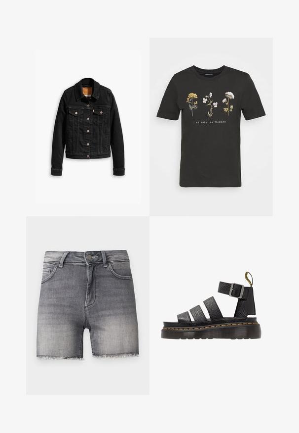 Chaqueta de denim negra con dos bolsillos en el pecho, cierres de botones plateados y un cuello clásico. Textura suave con detalles de costura en contraste.; Camiseta de algodón negra con un diseño floral que presenta flores amarillas y blancas, y el texto "sin lluvia, no hay flores" centrado debajo del diseño.; Pantalones cortos de mezclilla negra desteñida con bajos deshilachados, cierre frontal con botón y cremallera, y dos bolsillos delanteros sobre un fondo liso.; Sandalia de cuero negro con tres correas anchas, hebilla de metal ajustable, suela gruesa con textura y detalle de costura naranja a lo largo del borde.