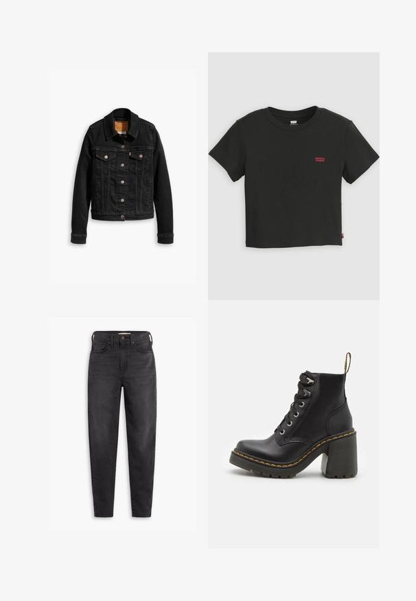 Schwarze Jeansjacke mit zwei Brusttaschen, silbernen Knopfverschlüssen und einem klassischen Kragen. Glatte Textur mit kontrastierenden Nähten.; Schwarzes, kurzärmeliges, kurzes Levi's T-Shirt mit Rundhalsausschnitt und kleinem rotem Levi's-Logo auf der linken Brust.; Schwarze hochgeschnittene Slim-Fit-Jeans mit Vorder- und Gesäßtaschen, Knopfverschluss und Gürtelschlaufen, auf einem weißen Hintergrund präsentiert.; Schwarze Lederstiefelette mit einem klobigen hohen Absatz, Schnürung vorne, metallischen Ösen und gelben Nähten entlang der Sohle. Strukturierten Gummiaußensohle.