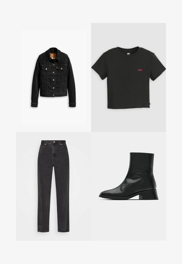 Schwarze Jeansjacke mit zwei Brusttaschen, silbernen Knopfverschlüssen und einem klassischen Kragen. Glatte Textur mit kontrastierenden Nähten.; Schwarzes, kurzärmeliges, kurzes Levi's T-Shirt mit Rundhalsausschnitt und kleinem rotem Levi's-Logo auf der linken Brust.; Schwarze Denim-Jeans mit geradem Bein, hoher Taille, vorderem Knopf und Reißverschluss sowie fünf Taschen auf weißem Hintergrund.; Schwarze Ankle Boots aus glänzendem Leder, mit einem eleganten Design, spitzer Zehenpartie und einem moderaten Blockabsatz für Stabilität.