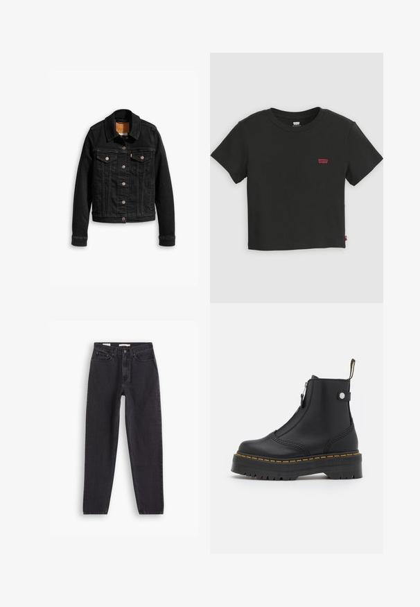Zwarte denimjack met twee voorzakken op de borst, zilveren knoopsluitingen en een klassieke kraag. Soepele textuur met contrasterende stikdetails.; Zwart Levi's cropped T-shirt met korte mouwen, ronde hals en klein rood Levi's-logo op de linkerborst.; Zwarte denim jeans met een straight-leg ontwerp, voorzien van vijf zakken, sluiting met een knoop aan de voorkant en gestikte details langs de naden.; Zwarte enkellaars van soepel leer, met een zijrits, gele stiknaden en een dikke, gegroefde rubberen zool.