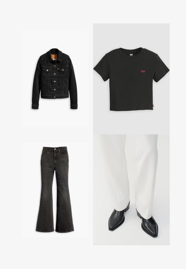 Sort denimjakke med to brystlommer, sølvknap-lukninger og klassisk krave. Glat tekstur med kontrasterende syningsdetaljer.; Sort Levi's cropped t-shirt med korte ærmer, rund halsudskæring og lille rødt Levi's-logo på venstre bryst.; Sorte højtaljede denim jeans med flagrende ben, fem-lomme design og kobbernitter.; Sorte spidse ankelstøvler med en glat læderoverflade, lave blokhæle, og parret med hvide brede bukser. Enkel og moderne design.