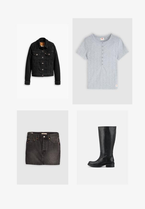 Veste en denim noir avec deux poches poitrine à l'avant, fermetures à boutons argentés et col classique. Texture lisse avec des détails de couture contrastants.; T-shirt côtelé gris clair à manches courtes avec un col rond et six boutons sur le devant, avec une petite étiquette rouge du logo Levi's en bas de l'ourlet.; Jupe en denim noir avec cinq poches, fermeture à bouton en métal et coutures orange contrastantes. Présente une coupe droite et un minimum d'effilochage.; Bottes hautes en cuir noir avec talon bloc bas et bout arrondi, dessus lisse avec coutures minimales sur fond uni.
