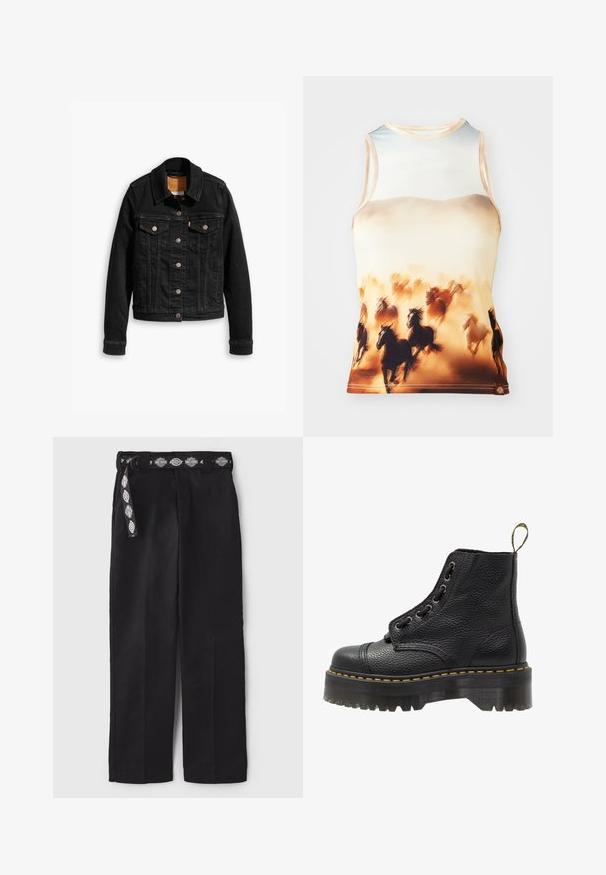 Schwarze Jeansjacke mit zwei Brusttaschen, silbernen Knopfverschlüssen und einem klassischen Kragen. Glatte Textur mit kontrastierenden Nähten.; Ärmelloses Tanktop mit einem Druck von laufenden Pferden in Braun- und Cremetönen, hergestellt aus glattem Stoff mit einem runden Halsausschnitt und taillierter Passform.; Schwarze weitgeschnittene Baumwollhosen mit einem gemusterten schwarz-weißen Gürtel. Glatte Textur mit geradem Schnitt und ohne sichtbare Verzierungen.; Schwarze Leder-Ankle-Boots mit strukturierten Oberflächen, runder Zehenpartie, Schnürdesign, gelben Nähten und einer dicken, gerippten schwarzen Plateausohle.