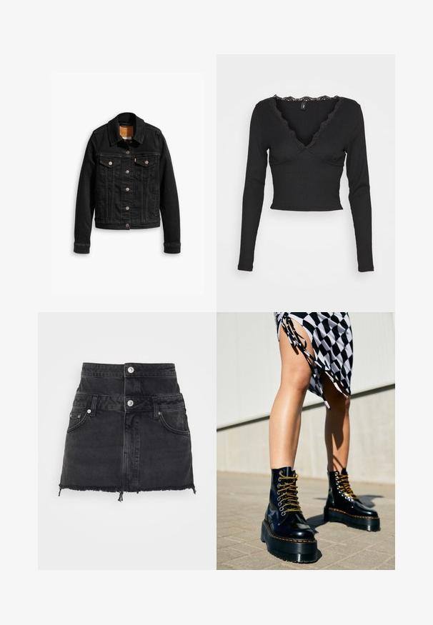 Schwarze Jeansjacke mit zwei Brusttaschen, silbernen Knopfverschlüssen und einem klassischen Kragen. Glatte Textur mit kontrastierenden Nähten.; ONLY ONLTALIA - Langarmshirt - black; ONLY ONLMILLION SKIRT - Jeansrock - dark grey denim; Schwarze Leder-Plateau-Stiefel mit klobigen Sohlen, goldenen Schnürsenkeln und orangefarbenen Nähten, kombiniert mit einem karierten Rock, der einen seitlichen Schlitz zeigt.