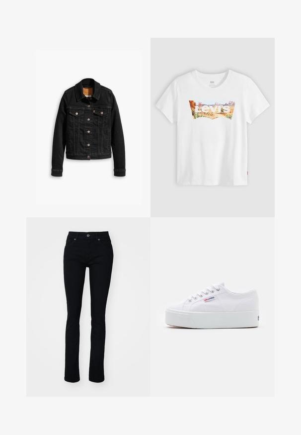 Zwarte denimjack met twee voorzakken op de borst, zilveren knoopsluitingen en een klassieke kraag. Soepele textuur met contrasterende stikdetails.; Witte Levi's T-shirt met woestijnlandschap en plantenafbeelding binnen het batwing-logo van het merk over de borst.; Zwarte denim jeans met een slim fit, vijf-pocket ontwerp, ritssluiting en knoopsluiting. Glad textuur en lichte rek voor comfort.; Witte canvas sneaker met een dikke witte platformzool, ronde neus en metalen oogjes voor veters. Merkl logo aan de zijkant weergegeven.
