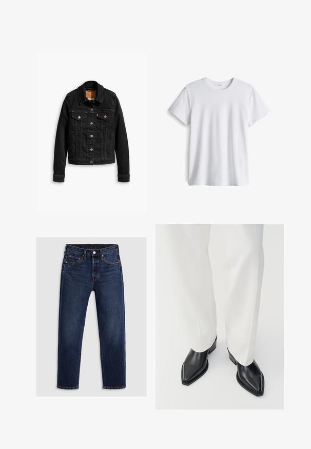 Schwarze Jeansjacke mit zwei Brusttaschen, silbernen Knopfverschlüssen und einem klassischen Kragen. Glatte Textur mit kontrastierenden Nähten.; Weißes Baumwoll-T-Shirt mit rundem Ausschnitt und kurzen Ärmeln. Weicher Stoff, gerader Schnitt, keine sichtbaren Logos oder Muster.; Dunkelblaue Jeans aus Denim mit geradem Bein-Design. Verfügt über einen Reißverschluss mit Knopfverschluss, fünf Taschen und kontrastierende Nähte.; Schwarze spitz zulaufende Stiefeletten aus glattem Leder mit flachen Blockabsätzen, kombiniert mit weißen, weiten Hosen. Schlichtes und modernes Design.