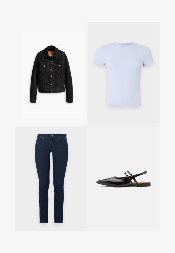 Mustmustest mustkas, millel on kaks esimest rinna taskut, hõbedased nupud ja klassikaline krae. Sujuv tekstuur kontrastsete õmbluste detailidega.; Good American SUPER STRETCH BABY TEE - Lihtne T-särk - periwinkle; Tumed sinine teksariidest kitsad püksid kõrge taljega, viie taskuga ja ees olevale nööbiga kinnitusega. Sile tekstuur kerge venitusega.; Mustad lakknahast slingback kingad on terava ninaga, kahe rihmaga, millel on klambriga aktsendid, ning lame tald.
