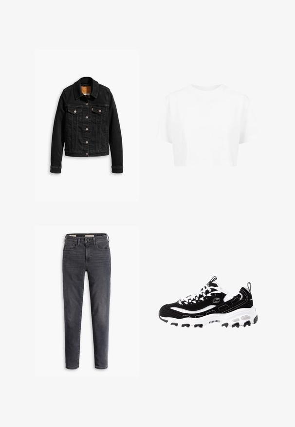 Sort denimjakke med to brystlommer, sølvknap-lukninger og klassisk krave. Glat tekstur med kontrasterende syningsdetaljer.; Hvid cropped t-shirt, korte ærmer, rund halsudskæring, lavet af blødt stof, uden synlige mønstre eller distinkt hardware.; Mørkeblå slim-fit jeans med frontknap og lynlås, fem-lomme stil, vist mod en hvid baggrund.; Sort og hvid atletisk sko med overdel i ruskind, polstret krave og let sål. Har fremtrædende logo og kontrasterende syninger.