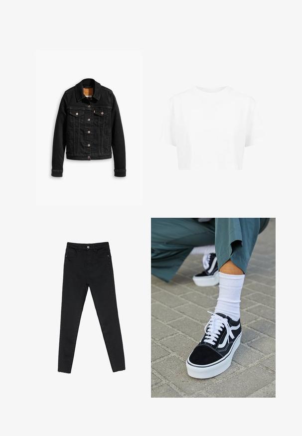 Sort denimjakke med to brystlommer, sølvknap-lukninger og klassisk krave. Glat tekstur med kontrasterende syningsdetaljer.; Hvid cropped t-shirt, korte ærmer, rund halsudskæring, lavet af blødt stof, uden synlige mønstre eller distinkt hardware.; Sorte skinny jeans lavet af denim, med høj talje, fem-lomme design og rå kant ved anklerne. Klassisk knap- og lynlåslukning.; Sorte ruskinds sneakers med hvide accenter og snørebånd, der har en tyk hvid sål og kontrasterende syninger, parret med en hvid sok.