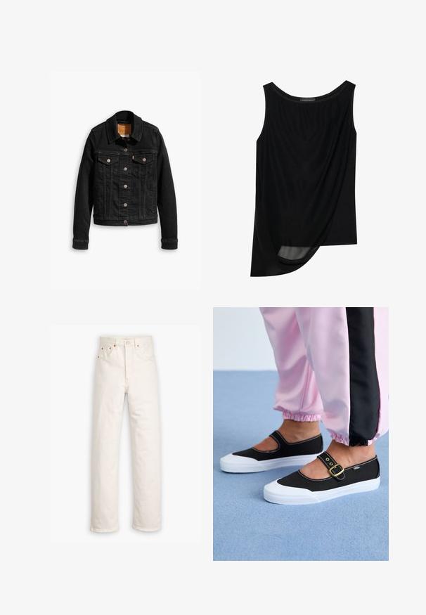Zwarte denimjack met twee voorzakken op de borst, zilveren knoopsluitingen en een klassieke kraag. Soepele textuur met contrasterende stikdetails.; Zwarte mouwloze top met een gedrapeerde voorkant, gemaakt van zachte stof. Heeft een ronde halslijn en een gebogen onderrand, wat zorgt voor een ontspannen silhouet.; Witte denim jeans met een recht gesneden ontwerp, vijf zakken en koperen hardware accenten. Afgeronde zoom aan de enkels.; Zwarte canvas schoenen met een witte zool, met een uitgesneden ontwerp en een gouden gespband. Draagt met roze joggingsbroek.