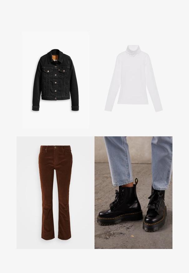 Schwarze Jeansjacke mit zwei Brusttaschen, silbernen Knopfverschlüssen und einem klassischen Kragen. Glatte Textur mit kontrastierenden Nähten.; Weißes Langarm-Turtleneck-Oberteil aus glattem, elastischem Stoff. Mit hohem Kragen und tailliertem Schnitt, ohne sichtbare Muster oder Verzierungen.; Braune Corduroy-Hosen mit weitem Beinschnitt und glatter Textur, mit Reißverschluss und Knopfverschluss sowie klassischem Fünf-Taschen-Design.; Person trägt hellblaue Jeans und schwarze Leder-Schnür-Plateaustiefel mit gelber Naht auf einem Betonboden.
