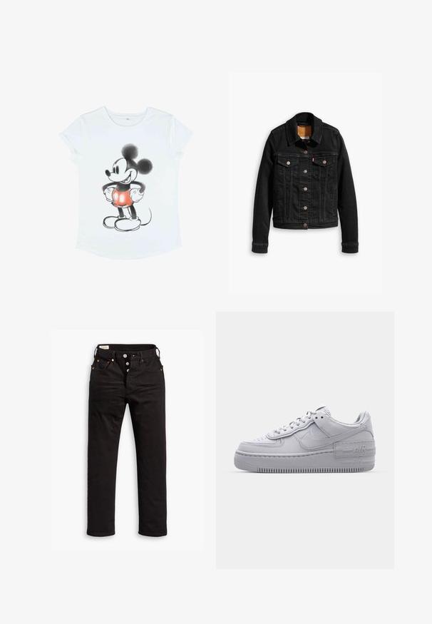 Schwarze Jeansjacke mit zwei Brusttaschen, silbernen Knopfverschlüssen und einem klassischen Kragen. Glatte Textur mit kontrastierenden Nähten.; Weißes T-Shirt mit kurzen Ärmeln, das ein Grafikdesign von Mickey Mouse zeigt, illustriert in Schwarz und Rot, mit übergroßen Ohren und runden Schuhen.; Schwarze Straight-Leg-Jeans mit Knopfverschluss, Vorder- und Gesäßtaschen sowie Kupfennieten auf einem weißen Hintergrund.; Graue Nike Air Force 1 Sneaker mit perforierter Zehenpartie, Obermaterial aus glattem Leder, dicker Sohle und geprägtem 'AIR'-Detail an der Ferse.