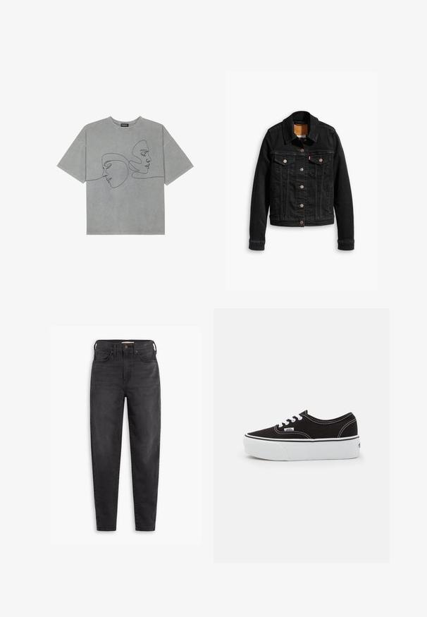Veste en denim noir avec deux poches poitrine à l'avant, fermetures à boutons argentés et col classique. Texture lisse avec des détails de couture contrastants.; T-shirt en coton gris à manches courtes, présentant un dessin minimaliste en ligne noire de deux visages sur le devant, un col rond et une coupe décontractée.; Jean slim taille haute noir avec poches avant et arrière, fermeture à bouton et passants de ceinture, présentés sur un fond blanc.; Baskets en toile noires avec une semelle en caoutchouc blanc, dotées de lacets et de coutures blanches, marquage emblématique sur le côté, design basse.