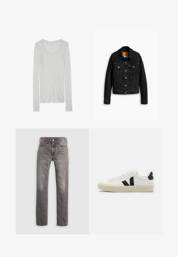 Zwarte denimjack met twee voorzakken op de borst, zilveren knoopsluitingen en een klassieke kraag. Soepele textuur met contrasterende stikdetails.; Langdkeurig lichtgrijze T-shirt van een zachte stof met een ronde hals en slim fit. Heeft een minimale textuur en zonder patronen.; Slim-fit grijze gewassen herenjeans met vijf zakken, riemlussen en knoopsluiting, plat neergelegd op een witte achtergrond.; Witte leren sneaker met zwart rubberen V-logo. Getextureerde off-white zool, witte veters en een achterkant met een detail van de merknaam in het zwart.