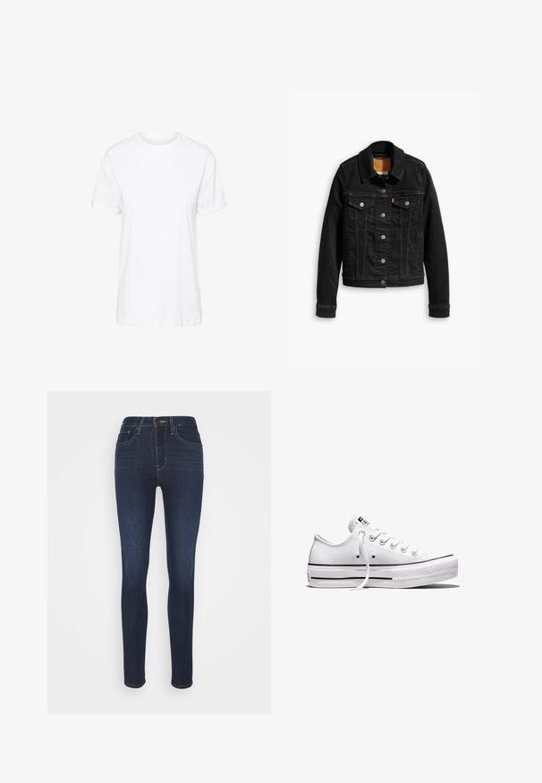 Sort denimjakke med to brystlommer, sølvknap-lukninger og klassisk krave. Glat tekstur med kontrasterende syningsdetaljer.; Hvid bomulds t-shirt med korte ærmer, rund hals og en afslappet pasform, med en glat tekstur og uden synlige mønstre.; Slanke jeans i mørkeblå denim med høj talje, diskret falming, klassisk fem-lommes design og lynlås med knaplukning.; Lavtop hvid lærredsneaker med hvide snørebånd, gummisål, sorte stribedetaljer og logo-patch på tungen og hælen.