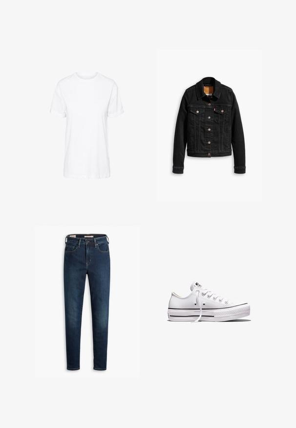 Sort denimjakke med to brystlommer, sølvknap-lukninger og klassisk krave. Glat tekstur med kontrasterende syningsdetaljer.; Hvid bomulds t-shirt med korte ærmer, rund hals og en afslappet pasform, med en glat tekstur og uden synlige mønstre.; Mørkeblå denim jeans med slim fit, der har fem lommer, standard knaplukning og diskrete slidser foran.; Lavtop hvid lærredsneaker med hvide snørebånd, gummisål, sorte stribedetaljer og logo-patch på tungen og hælen.