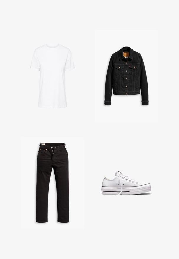 Sort denimjakke med to brystlommer, sølvknap-lukninger og klassisk krave. Glat tekstur med kontrasterende syningsdetaljer.; Hvid bomulds t-shirt med korte ærmer, rund hals og en afslappet pasform, med en glat tekstur og uden synlige mønstre.; Sorte lige jeans med knaplukning, front- og baglommer samt kobbernitte detaljer på en hvid baggrund.; Lavtop hvid lærredsneaker med hvide snørebånd, gummisål, sorte stribedetaljer og logo-patch på tungen og hælen.