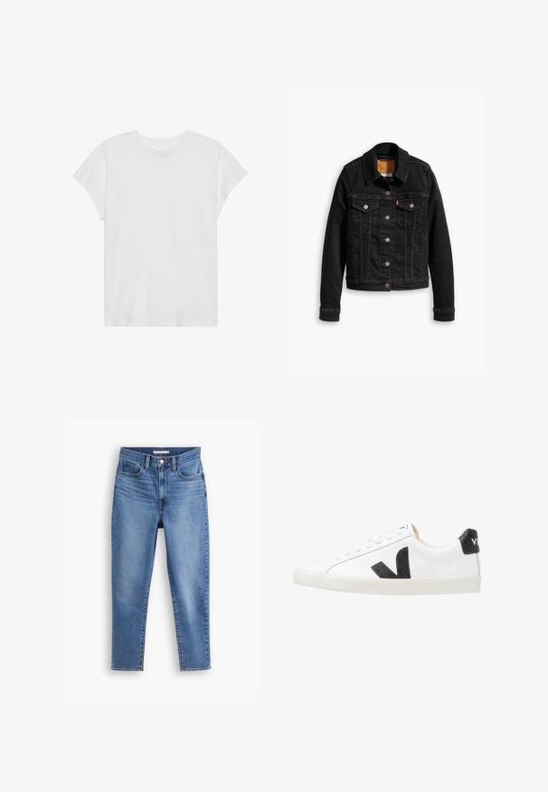 Veste en denim noir avec deux poches poitrine à l'avant, fermetures à boutons argentés et col classique. Texture lisse avec des détails de couture contrastants.; T-shirt blanc à manches courtes, col rond, coupe décontractée, en tissu de coton doux. Texture lisse, sans motifs ni logos.; Jeans pour femmes taille haute bleus avec fermeture à bouton et à zip à l'avant, passants de ceinture et design à cinq poches, posés sur un fond blanc.; Baskets blanches avec un logo V noir, présentant un dessus en cuir lisse, un bout rond, un système de laçage et un empiècement au talon noir contrastant.