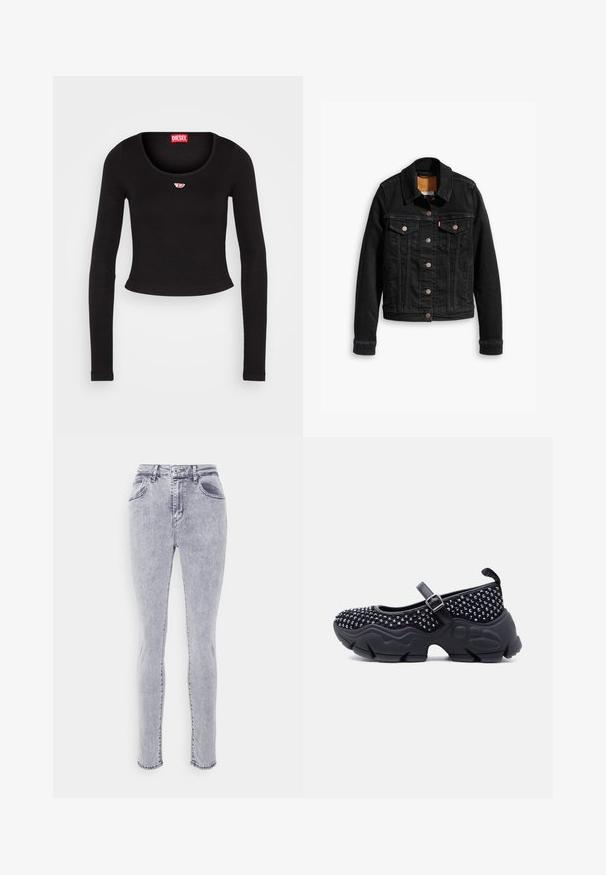 Sort denimjakke med to brystlommer, sølvknap-lukninger og klassisk krave. Glat tekstur med kontrasterende syningsdetaljer.; Sort langærmet crop top lavet af ribbet stof. Har en scoop halsudskæring og et lille rødt og hvidt logo på brystet.; Lysegrå jeans med høj talje, slim fit, fem-lomme design og subtilt slid. Har bæltestropper og stikninger langs sømmene.; Sort Mary Jane-sko med tyk tekstureret sål, øverst dekoreret med nitter og justerbar rem med spændelukning, vist i profil mod hvid baggrund.
