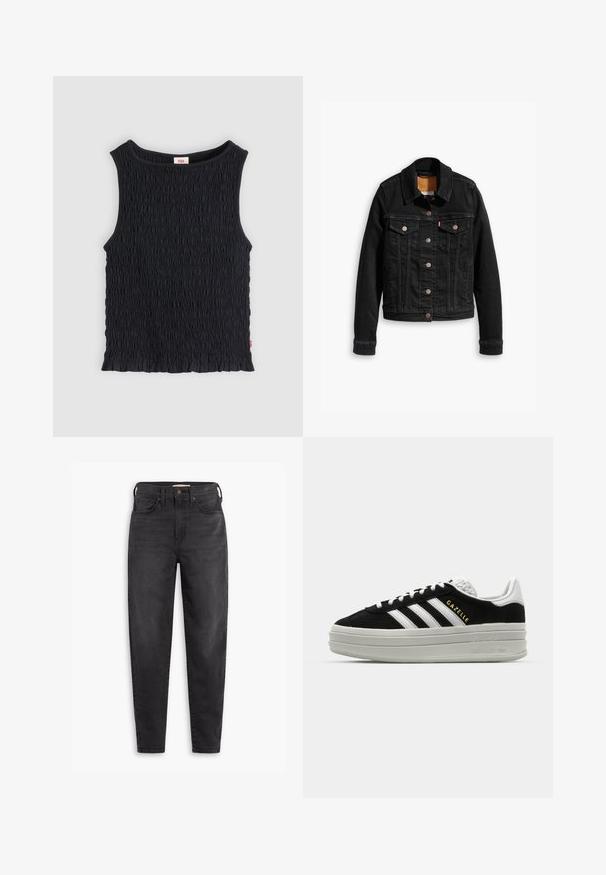 Veste en denim noir avec deux poches poitrine à l'avant, fermetures à boutons argentés et col classique. Texture lisse avec des détails de couture contrastants.; Haut noir sans manches avec tissu froncé texturé, encolure ronde et ourlet subtilement volanté.; Jean slim taille haute noir avec poches avant et arrière, fermeture à bouton et passants de ceinture, présentés sur un fond blanc.; Baskets en daim noir avec des accents en cuir blanc, trois rayures blanches, lacets plats et une semelle épaisse en gris. Marquage doré "Gazelle".