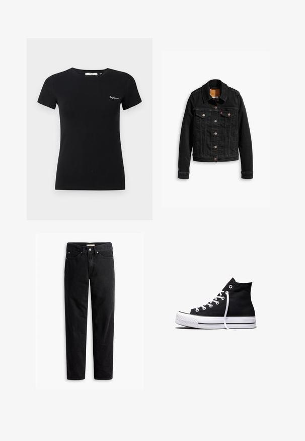 Schwarze Jeansjacke mit zwei Brusttaschen, silbernen Knopfverschlüssen und einem klassischen Kragen. Glatte Textur mit kontrastierenden Nähten.; Schwarzes, tailliertes T-Shirt mit kurzen Ärmeln, Rundhalsausschnitt und kleinem weißem "Pepe Jeans"-Logo auf der linken Brust.; Schwarze gerade Jeans mit Knopf- und Reißverschluss, Gürtelschlaufen sowie Vorder- und Gesäßtaschen, auf weißem Hintergrund flach präsentiert.; Schwarzer High-Top-Canvas-Sneaker mit weißer Gummisohle und weißen Schnürsenkeln, seitlich dargestellt vor weißem Hintergrund.