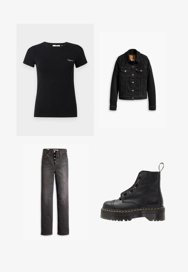 Schwarze Jeansjacke mit zwei Brusttaschen, silbernen Knopfverschlüssen und einem klassischen Kragen. Glatte Textur mit kontrastierenden Nähten.; Schwarzes, tailliertes T-Shirt mit kurzen Ärmeln, Rundhalsausschnitt und kleinem weißem "Pepe Jeans"-Logo auf der linken Brust.; Schwarze hochgeschnittene Jeans mit geradem Bein, aus Denim gefertigt. Verfügt über einen Knopfverschluss, Kupferakzente und Kontrastnähte.; Schwarze Leder-Ankle-Boots mit strukturierten Oberflächen, runder Zehenpartie, Schnürdesign, gelben Nähten und einer dicken, gerippten schwarzen Plateausohle.