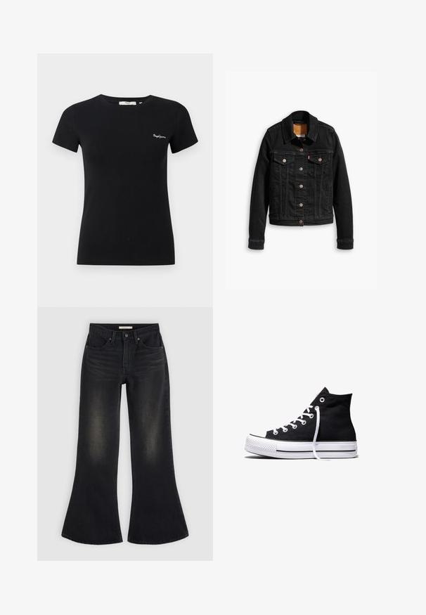 Schwarze Jeansjacke mit zwei Brusttaschen, silbernen Knopfverschlüssen und einem klassischen Kragen. Glatte Textur mit kontrastierenden Nähten.; Schwarzes, tailliertes T-Shirt mit kurzen Ärmeln, Rundhalsausschnitt und kleinem weißem "Pepe Jeans"-Logo auf der linken Brust.; Schwarze Jeans mit weitem Bein, Vordertaschen, Gürtelschlaufen und verblasster Schattierung an Oberschenkeln und Knien, auf einem hellen Hintergrund flach ausgelegt.; Schwarzer High-Top-Canvas-Sneaker mit weißer Gummisohle und weißen Schnürsenkeln, seitlich dargestellt vor weißem Hintergrund.