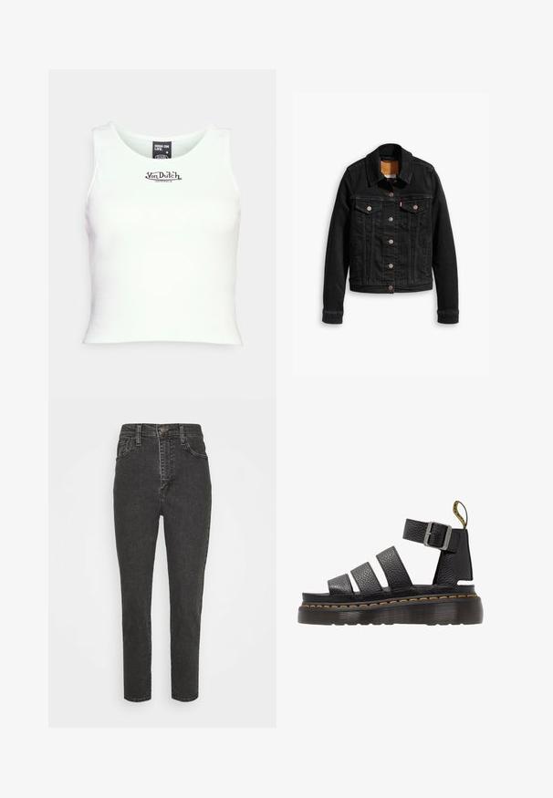 Sort denimjakke med to brystlommer, sølvknap-lukninger og klassisk krave. Glat tekstur med kontrasterende syningsdetaljer.; Hvid ribbet crop tank top med rund halsudskæring og sort "Von Dutch" logo i midten. Lavet af strækbart bomuldsblandingsstof.; Højtaljede sorte denim jeans med slim fit, der har en knaplukning, bælteløkker og klassisk fem-lomme-design.; Sort lædersandal med tre brede stropper, justerbar metalspænde, tyk struktureret sål og orange syning langs kanten.