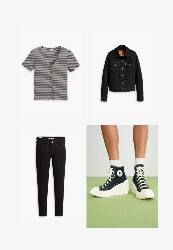 Veste en denim noir avec deux poches poitrine à l'avant, fermetures à boutons argentés et col classique. Texture lisse avec des détails de couture contrastants.; Haut à manches courtes à boutons, noir et blanc rayé, avec un décolleté en V et un tissu texturé. Présente plusieurs boutons sur le devant.; Jeans en denim noir avec une coupe slim, dotés d'une fermeture à boutons, de cinq poches et de détails de couture subtils. Texture lisse et matériau durable.; Baskets montantes noires avec une semelle plateforme blanche surélevée, dotées de lacets blancs et d'un logo arrondi sur le côté. Matériau en toile texturée.
