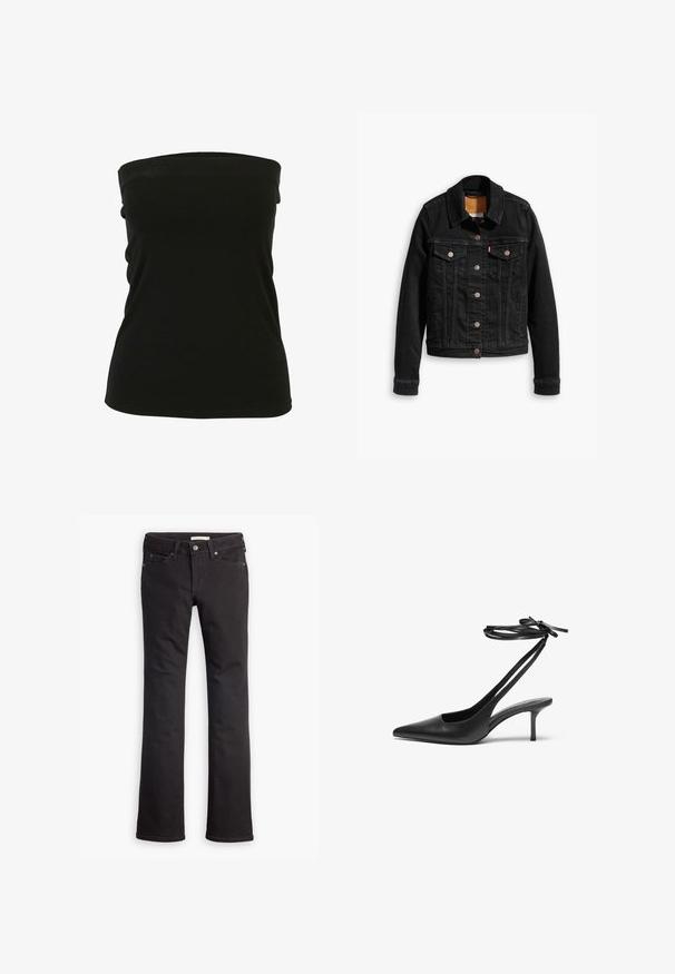 Veste en denim noir avec deux poches poitrine à l'avant, fermetures à boutons argentés et col classique. Texture lisse avec des détails de couture contrastants.; Haut noir sans bretelles en tissu extensible, avec une texture lisse et une coupe ajustée. Aucun matériel ou accent visible.; Jean noir en denim, avec une coupe droite, taille standard, cinq poches et des détails de couture subtils.; Escarpin noir en cuir avec un bout pointu, un dos ouvert et des brides à la cheville nouées en nœud. Talon fin de 3 pouces. Texture lisse, design minimaliste.