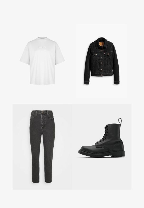 Schwarze Jeansjacke mit zwei Brusttaschen, silbernen Knopfverschlüssen und einem klassischen Kragen. Glatte Textur mit kontrastierenden Nähten.; Weißes Baumwoll-T-Shirt mit hohem Rundhalsausschnitt und kurzen Ärmeln. Auf der Brust ist "PEGADOR" in Schwarz mittig gedruckt.; Schwarze, hoch geschnittene Denim-Jeans mit Slim Fit, versehen mit einem Knopfverschluss, Gürtelschlaufen und klassischem Fünf-Taschen-Design.; Schwarzer Lederkampfstiefel mit runder Zehenpartie, Schnürung vorne und einer Zuglasche am Knöchel. Verfügt über eine dicke Gummisohle für Langlebigkeit.