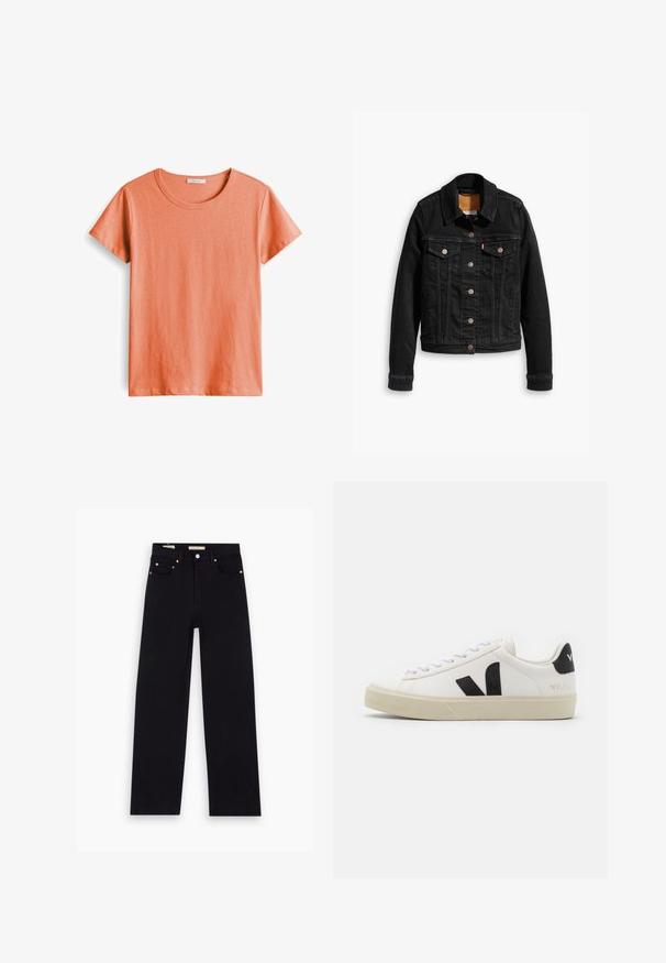Zwarte denimjack met twee voorzakken op de borst, zilveren knoopsluitingen en een klassieke kraag. Soepele textuur met contrasterende stikdetails.; Korte mouwen T-shirt in licht koraal, gemaakt van zachte katoen, met een ronde hals en een gladde textuur zonder patronen of accenten.; Zwarte denim jeans met een recht model, vijf zakken, koperen hardware en een gladde textuur. Twee labels zichtbaar op de tailleband.; Witte leren sneaker met zwart rubberen V-logo. Getextureerde off-white zool, witte veters en een achterkant met een detail van de merknaam in het zwart.