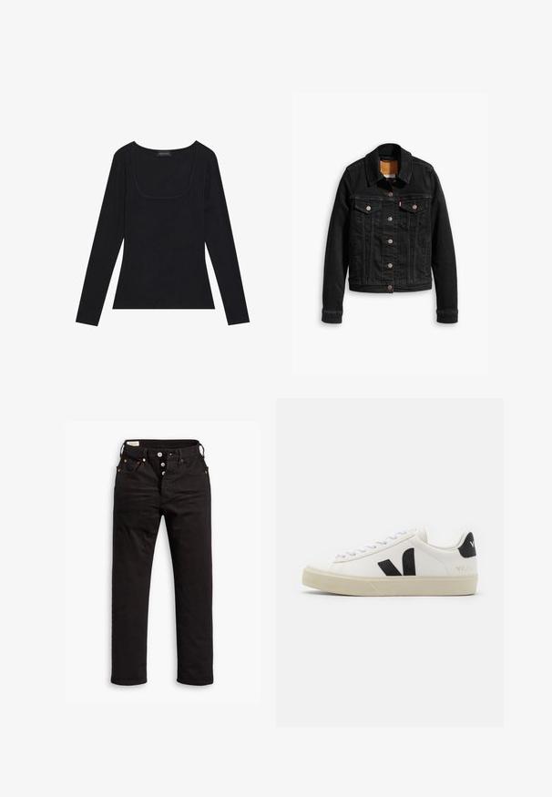 Chaqueta de denim negra con dos bolsillos en el pecho, cierres de botones plateados y un cuello clásico. Textura suave con detalles de costura en contraste.; Top negro de manga larga con textura acanalada, que presenta un escote cuadrado y una forma ajustada. Incluye una etiqueta que dice "ANNA FIELD."; Vaqueros negros de pierna recta con cierre de botón, bolsillos delanteros y traseros, y detalles de remaches de cobre sobre un fondo blanco.; Zapatilla de cuero blanca con logo V de goma negra. Suela texturizada en blanco roto, cordones blancos y detalle en el talón trasero con el nombre de la marca en negro.