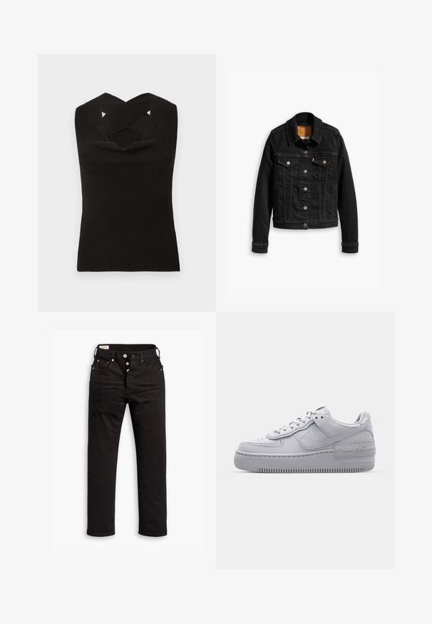 Schwarze Jeansjacke mit zwei Brusttaschen, silbernen Knopfverschlüssen und einem klassischen Kragen. Glatte Textur mit kontrastierenden Nähten.; Schwarzes, geripptes ärmelloses Oberteil mit einem tiefen Ausschnitt und kreuzenden Schulterträgern. Glatte Textur und figurbetonter Schnitt.; Schwarze Straight-Leg-Jeans mit Knopfverschluss, Vorder- und Gesäßtaschen sowie Kupfennieten auf einem weißen Hintergrund.; Graue Nike Air Force 1 Sneaker mit perforierter Zehenpartie, Obermaterial aus glattem Leder, dicker Sohle und geprägtem 'AIR'-Detail an der Ferse.