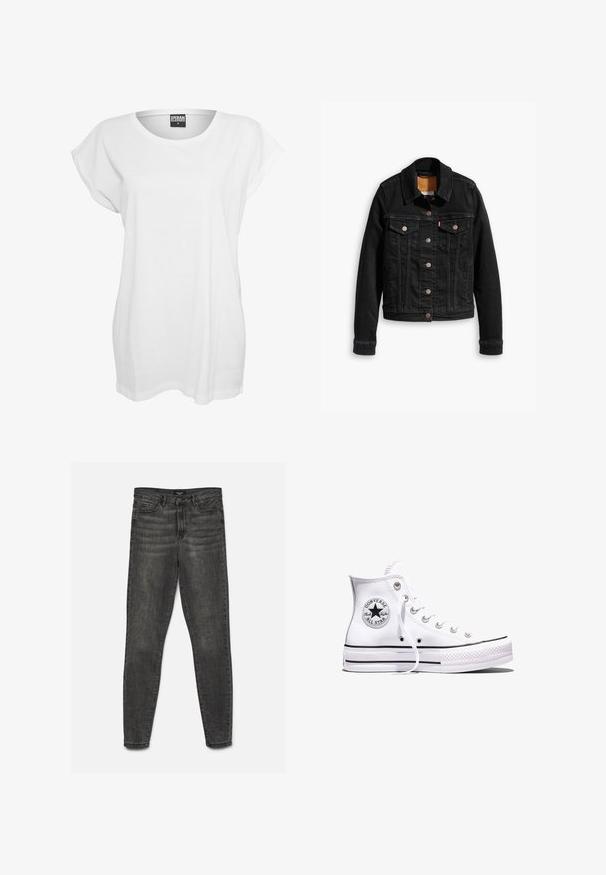 Veste en denim noir avec deux poches poitrine à l'avant, fermetures à boutons argentés et col classique. Texture lisse avec des détails de couture contrastants.; T-shirt blanc à manches courtes en coton, présentant une coupe décontractée, un large décolleté et un design minimaliste sans motifs ni accents.; Jean slim gris foncé avec fermeture par bouton et zip, poches devant et dos, présenté à plat sur fond blanc.; Baskets blanches montantes Converse Chuck Taylor All Star avec des rayures noires et un patch logo sur le côté, présentées sur un fond blanc uni.