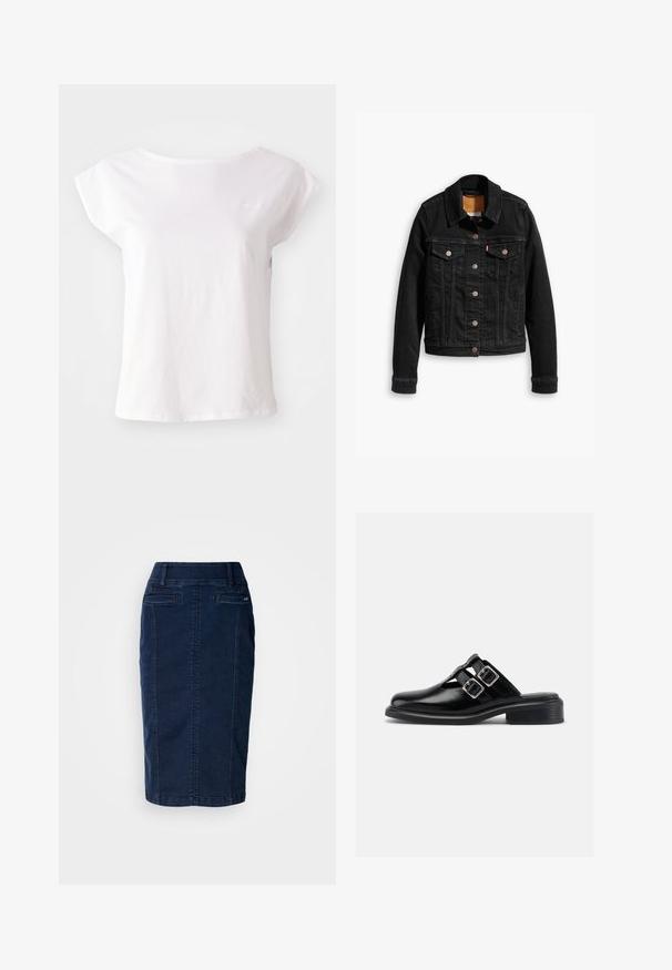 Schwarze Jeansjacke mit zwei Brusttaschen, silbernen Knopfverschlüssen und einem klassischen Kragen. Glatte Textur mit kontrastierenden Nähten.; Weißes T-Shirt mit kurzen Ärmeln aus Baumwolle, mit Rundhalsausschnitt und lockerem Schnitt. Mit dezentem Logo-Akzent auf der Brust.; Jeans-Bleistiftrock in Dunkelblau mit figurbetontem Schnitt, Taillenbund mit Gürtelschlaufen und sichtbaren Nähten an den Nähten und Taschen.; Schwarzer Slipper aus Leder mit zwei silbernen Schnallen, offenen Seiten, runder Zehenpartie und niedrigem, gestapeltem Absatz, im Profil vor weißem Hintergrund gezeigt.