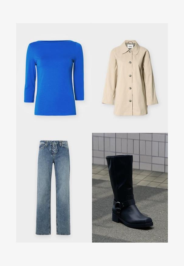 Beige trenchcoat met een kraag, knopen aan de voorkant, twee zijzakken en driekwartmouwen; gemaakt van gladde stof.; Vero Moda Longsleeve - surf the web; Blauwe spijkerbroek met rechte pijpen en een vetergesp met metalen oogjes aan de voorkant, weergegeven tegen een witte achtergrond.; Zwarte leren kuitlaars met een lage blokhak en een decoratieve riem met metalen gesp rond de enkel, op een betegeld trottoir.