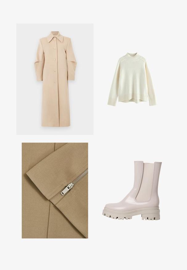 Beige uldfrakke med krave, lange ærmer og frontknapper. Har et lige design og blød tekstur, velegnet til køligere vejr.; Cremefarvet sweater med ribbet høj hals, lange ærmer og en afslappet pasform. Struktureret strikstof og ribbestykke detalje i bunden.; Beige stof med en tekstureret overflade og diagonal søm, prydet med en sølvfarvet lynlås med et rektangulært træk.; Lys rosa glansende ankelstøvle med elastiske sidepaneler, robust grå gummisål og tekstureret mønster for bedre greb. Slank, minimalistisk design.