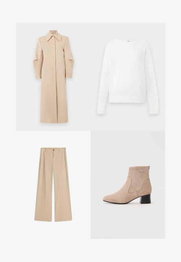 Manteau en laine beige avec un col, des manches longues et des boutons à l'avant. Il présente un design droit et une texture douce, adapté aux temps plus frais.; Pull blanc à manches longues avec col rond, poignets et ourlet côtelés, présenté à plat sur un fond neutre.; Pantalon beige à jambes larges avec un motif à fines rayures, fermeture frontale à boutons et passants pour ceinture. Texture lisse avec une finition ajustée.; Bottines en suède beige à bout arrondi, avec des panneaux latéraux en elastic et un talon bloc avec une finition noire lisse.