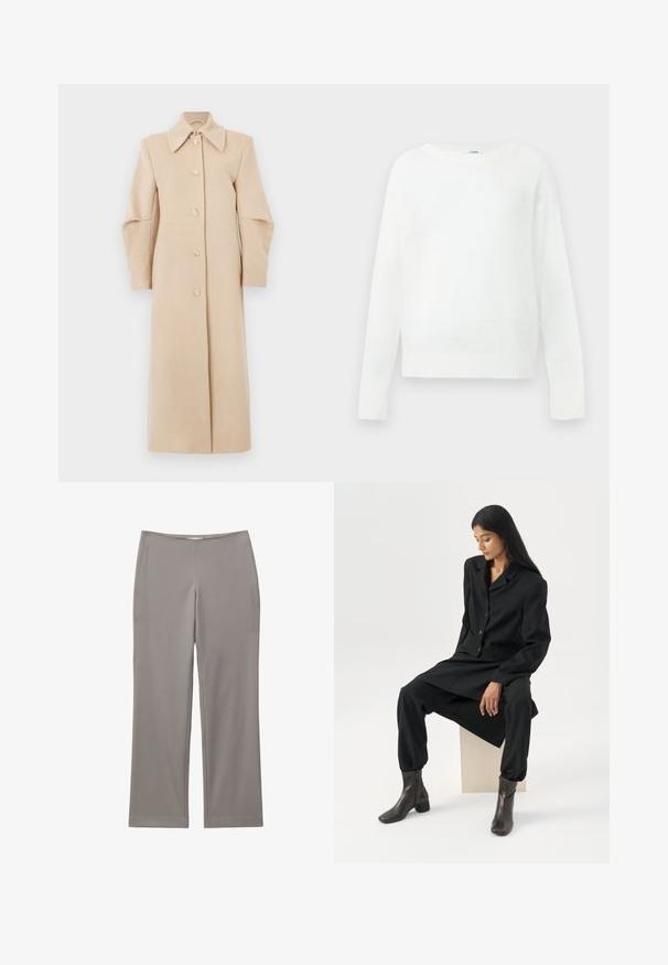 Manteau en laine beige avec un col, des manches longues et des boutons à l'avant. Il présente un design droit et une texture douce, adapté aux temps plus frais.; Pull blanc à manches longues avec col rond, poignets et ourlet côtelés, présenté à plat sur un fond neutre.; Pantalon gris à jambes droites avec une taille mi-haute, sans poches visibles ni embellissements, présenté à plat sur un fond blanc.; Femme aux longs cheveux foncés assise, portant un blazer noir ample, un pantalon large assorti et des bottines foncées, sur un fond blanc uni.