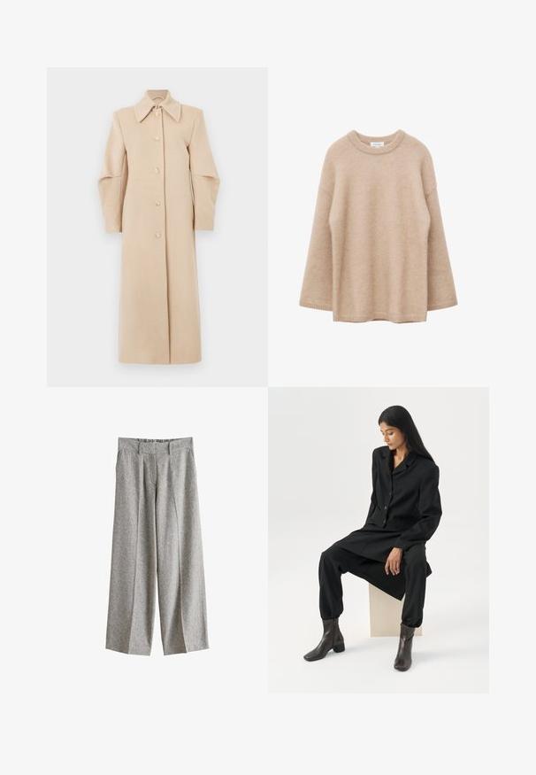 Beige Wollmantel mit Kragen, langen Ärmeln und vorderen Knöpfen. Verfügt über ein gerades Design und eine weiche Textur, geeignet für kühleres Wetter.; Beiger Pullover mit langen Ärmeln, Rundhalsausschnitt, weicher, flauschiger Textur und lockerem Schnitt, vor weißem Hintergrund dargestellt.; Graue Hosen mit weitem Bein, vorderen Falten, Gürtelschlaufen, Seitentaschen und hoher Taille, auf weißem Hintergrund dargestellt.; Frau mit langen dunklen Haaren sitzt, trägt einen lockeren schwarzen Blazer, passende weite Hosen und dunkle Stiefeletten vor einem schlichten weißen Hintergrund.