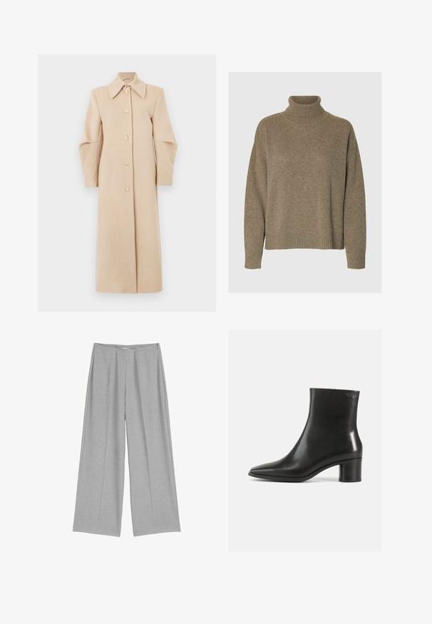 Beige uldfrakke med krave, lange ærmer og frontknapper. Har et lige design og blød tekstur, velegnet til køligere vejr.; Rullekrave sweater i blødt brunt strik. Har brede ribbede manchetter og kant, med en afslappet pasform og tekstureret overflade.; Lys grå bredbenede bukser med en plisseret front, der har en glat tekstur og en diskret sidelukning med lynlås.; Sort læderankelstøvle med spids tå og en mellemhøj blokhælk. Glat tekstur og minimalistisk design. Ingen synligt hardware.