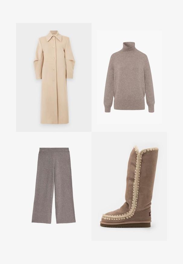 Beige uldfrakke med krave, lange ærmer og frontknapper. Har et lige design og blød tekstur, velegnet til køligere vejr.; Beige strik med høj hals og lange ærmer, ribstrikkede ærmegab, kant og krave, vist på hvid baggrund.; Grå brede strikbukser med elastisk talje, flad front og løs pasform, præsenteret på en hvid baggrund.; Høj brun ruskindsstøvle med intrikate beige syninger langs kanten, rund tå og flad sål. Enkel, strømlinet design.