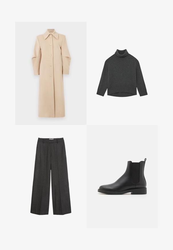 Manteau en laine beige avec un col, des manches longues et des boutons à l'avant. Il présente un design droit et une texture douce, adapté aux temps plus frais.; Pull col roulé gris charbon avec poignets et ourlet côtelés, présentant une coupe décontractée et une texture en maille douce. Conçu avec des manches raglan.; Pantalons à larges jambes en tissu gris foncé. Présentent une taille cintrée avec passants de ceinture, une texture lisse et des accents de couture minimalistes.; Bottines en cuir noir avec des panneaux élastiques sur les côtés, bout arrondi, petit talon carré et une languette à l'arrière pour un enfilage facile.