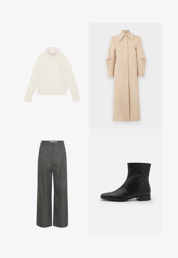 Beige uldfrakke med krave, lange ærmer og frontknapper. Har et lige design og blød tekstur, velegnet til køligere vejr.; Lyscreme turtleneck sweater med ribbet tekstur, raglanærmer og tætsiddende kant. Blødt materiale og afslappet silhuet.; Grå brede bukser lavet af struktureret stof, med høj talje og frontfolder, uden synlige lommer eller hardware detaljer.; Sort læder ankelstøvle med spids tå, glat tekstur, minimalistisk design og en lav blokhæl. Sidelukning går op til anklen.